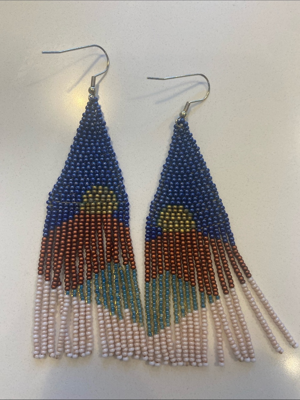 Handmade Blue Beaded Fringe Earrings with Sunset Motif